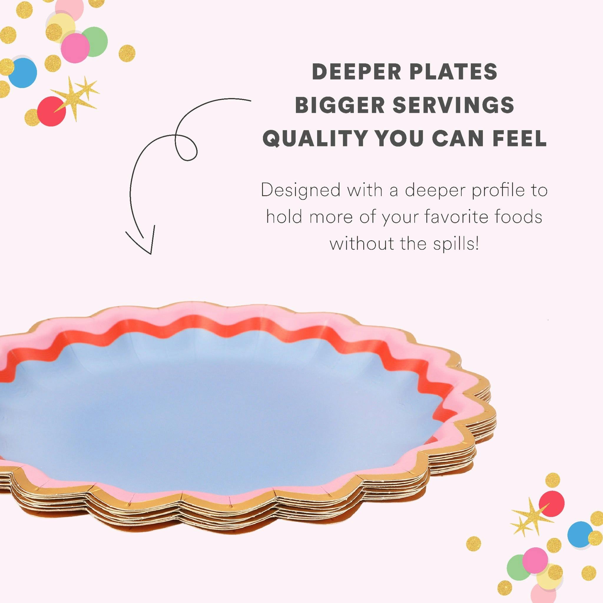 Packed Party Rainbow Ric Rac 10ct Paper Dessert Plates | Gold Foil Scalloped 5-Color Mix Party Plates | 8 Inch Birthday Plates