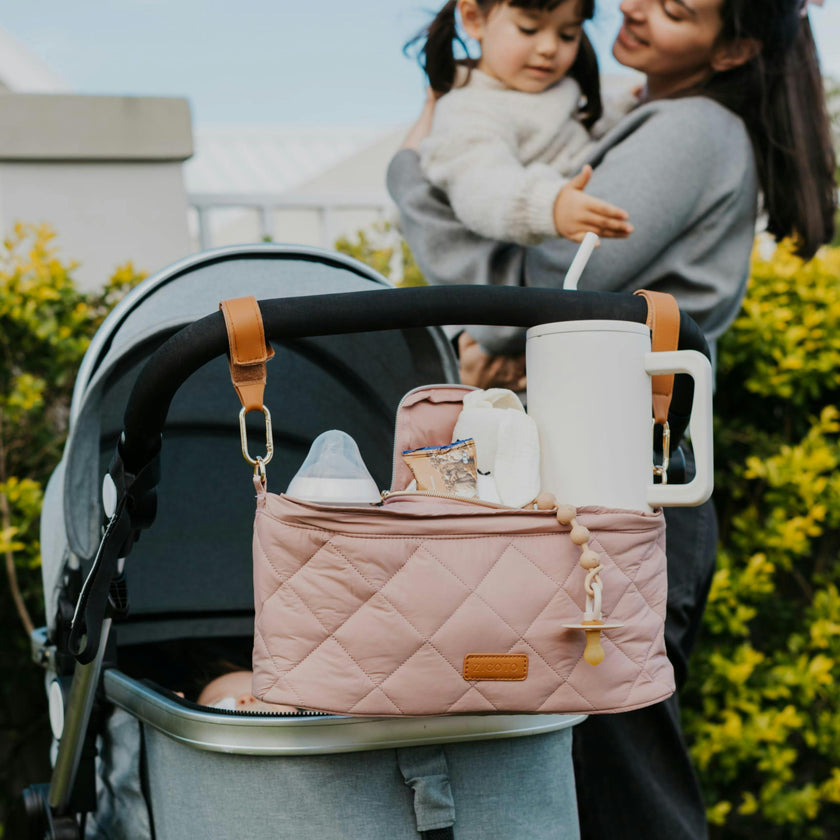 ZICOTO Beautiful Stroller Organizer Bag - Easy to Install Stroller Caddy incl. Cup Holder Attachment - Perfectly Sized Accessories For Any Stroller