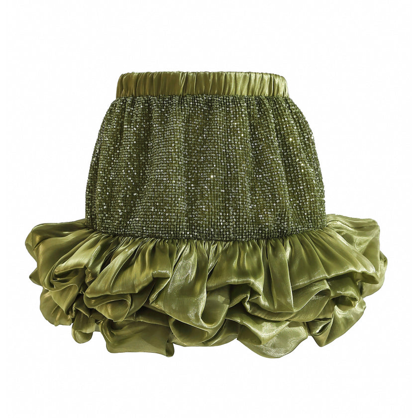 Green Evadelle Satin Ruffle Skirt Set