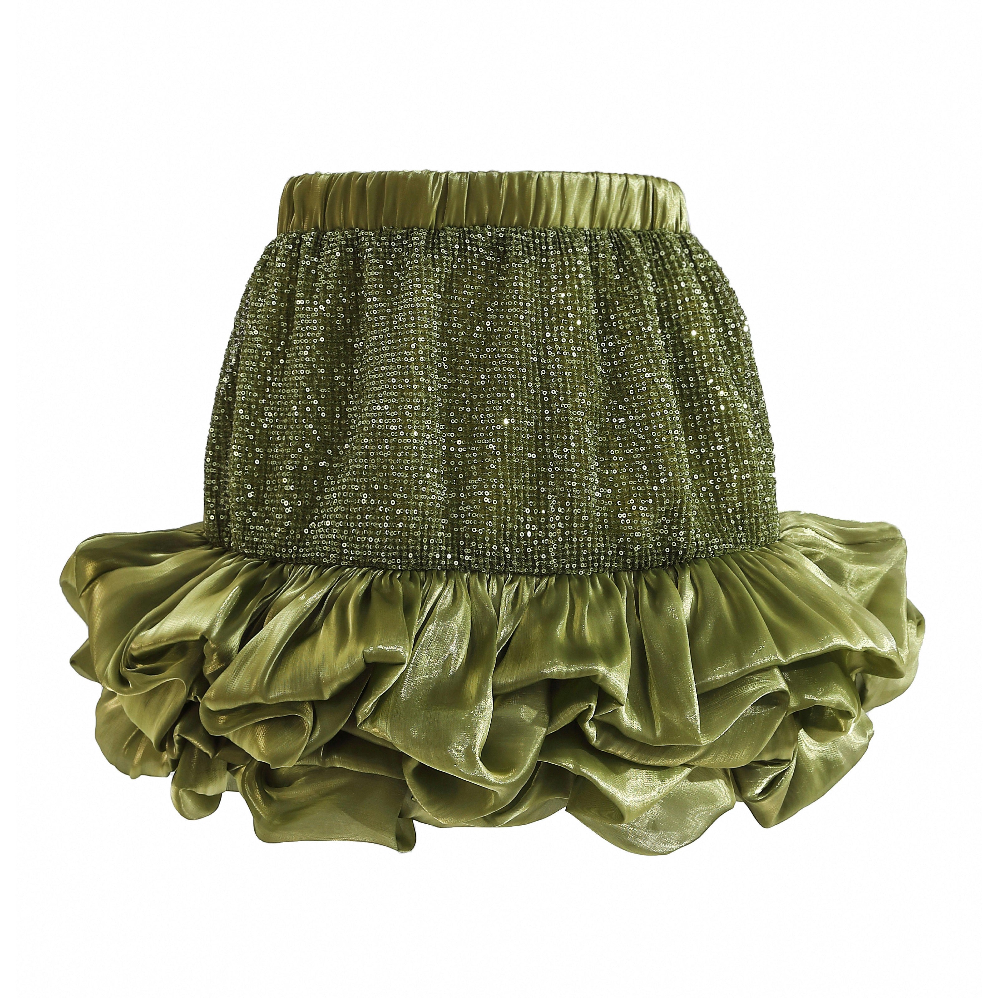 Green Evadelle Satin Ruffle Skirt Set