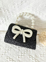 Tweed Black Purse Pearl Bow, Black