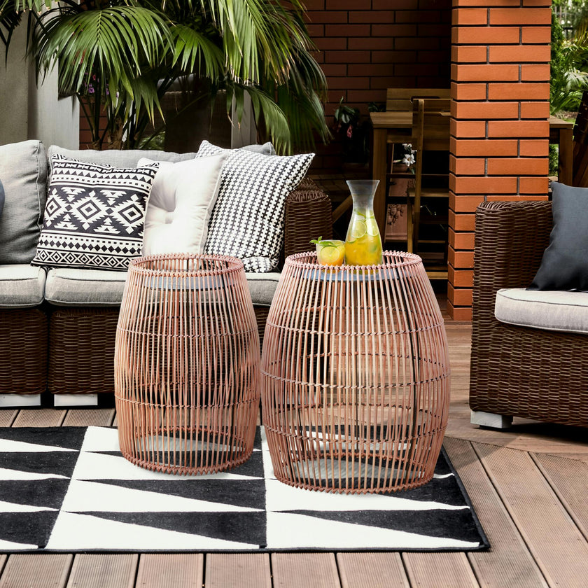 Large Round Outdoor Patio Bamboo Side Table with Iron Top