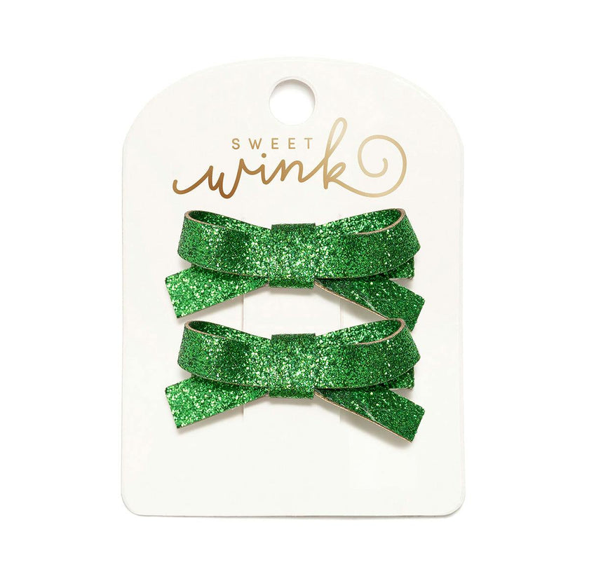 Green Glitter Bow Clip Set