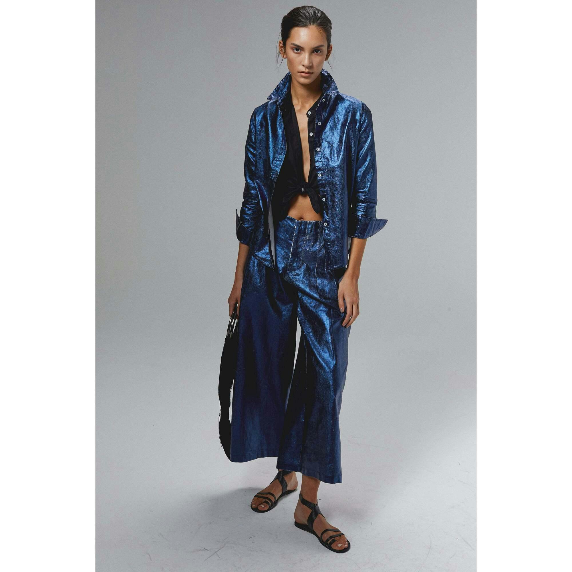 San Marino Metallic Linen Shirt - Dark Blue