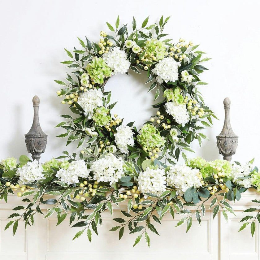 White & Green Hydrangea with Cream Berry Artificial All Seasons Greenery Mantle Garland and Table Runner