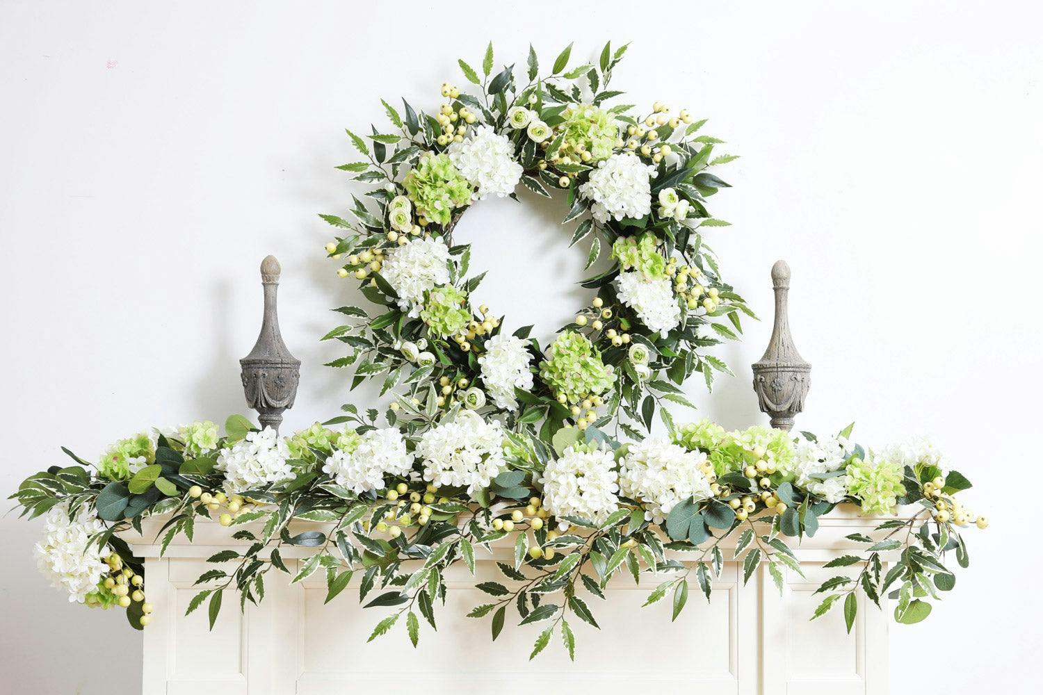 White & Green Hydrangea with Cream Berry Artificial All Seasons Greenery Mantle Garland and Table Runner