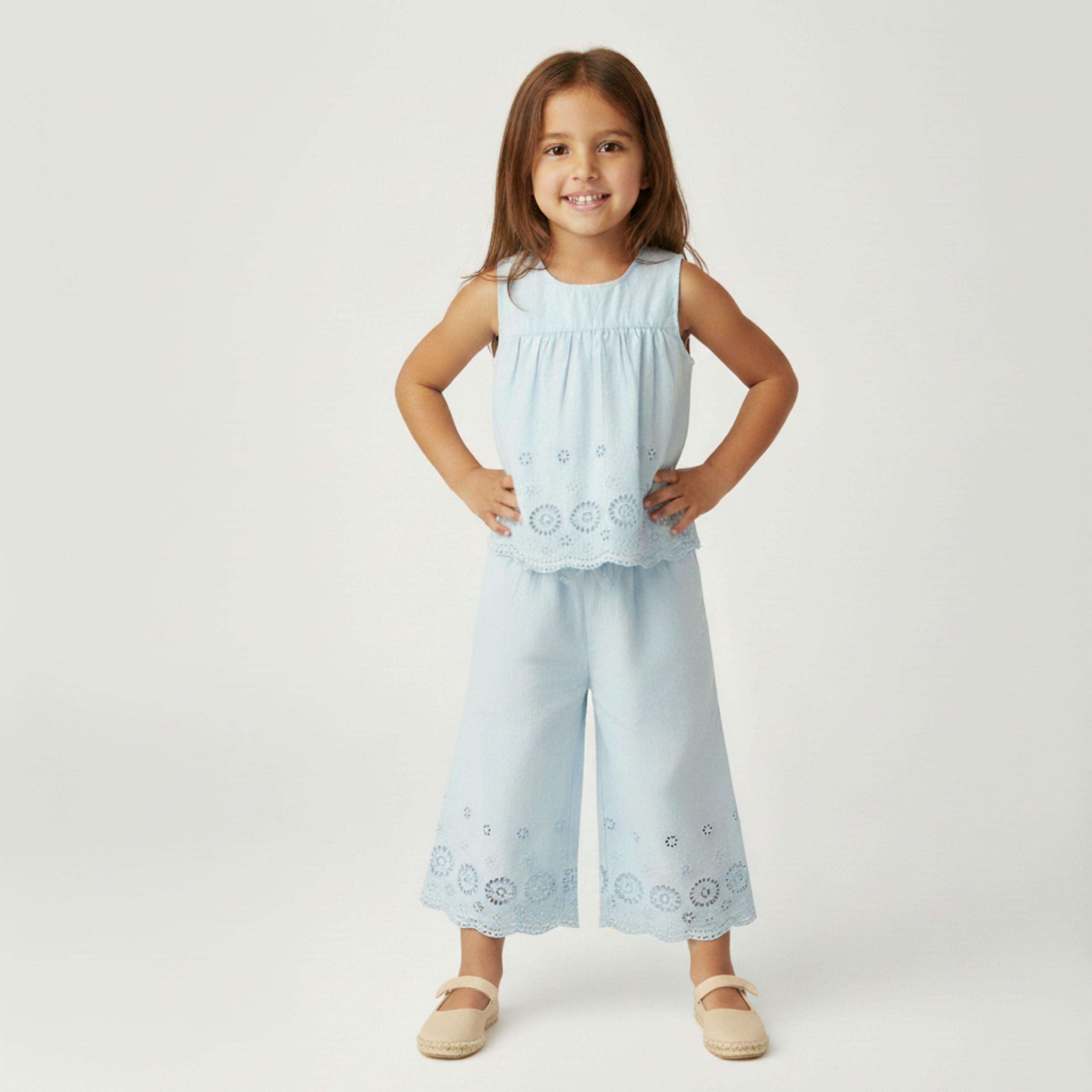 Organic Eyelet Top And Pant Set - Light Blue Eyelet