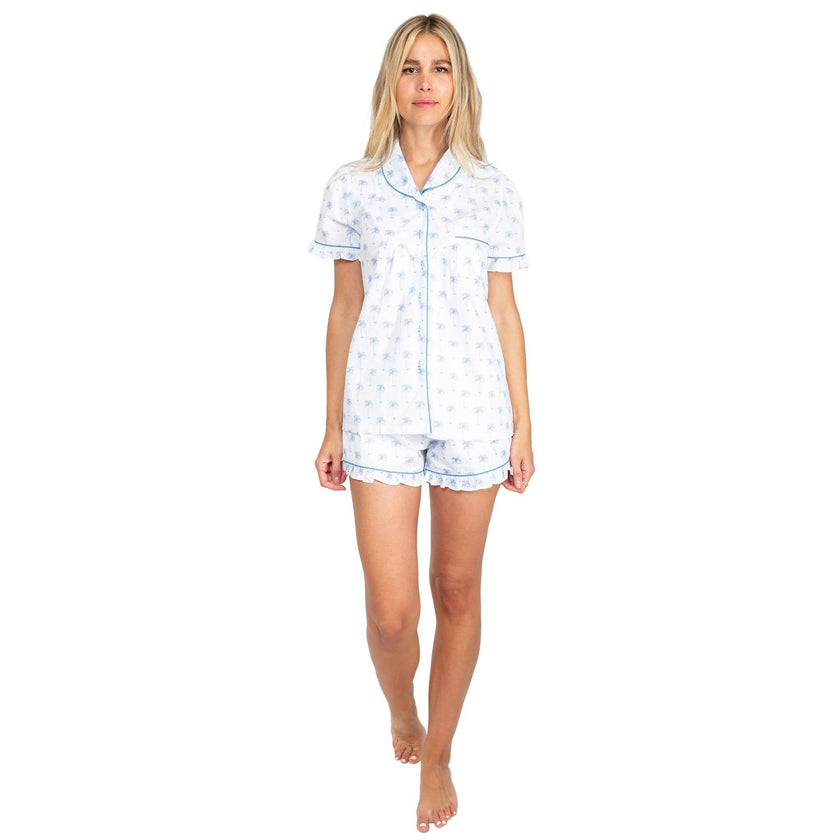 Women's Blue Palm Tree Short PJ Set - Organic Cotton Poplin