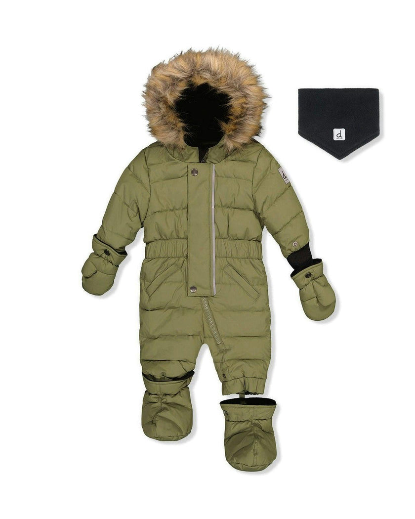 Baby Original One Piece Puffy Snowsuit With Removable Mittens And Boots Olive Green