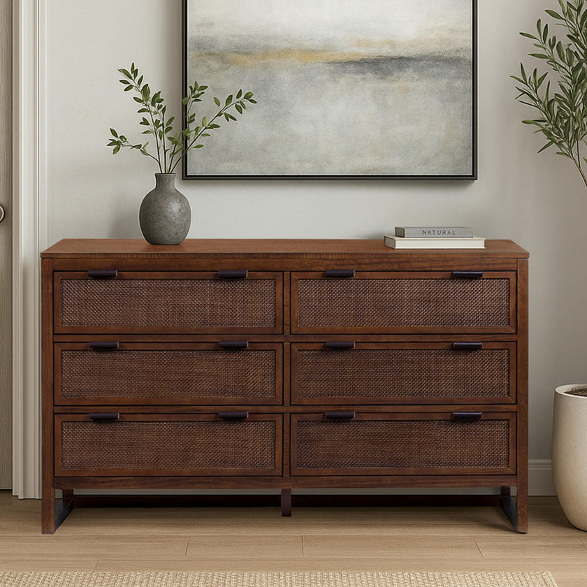 Hatteras Dresser with 6 Rattan Inset Drawers, Faux Leather Pulls & Deep Storage