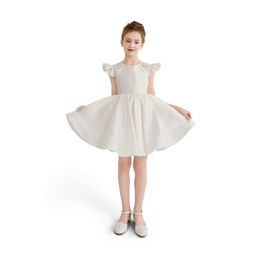 White Maravelle Satin Flutter-Sleeve Dress
