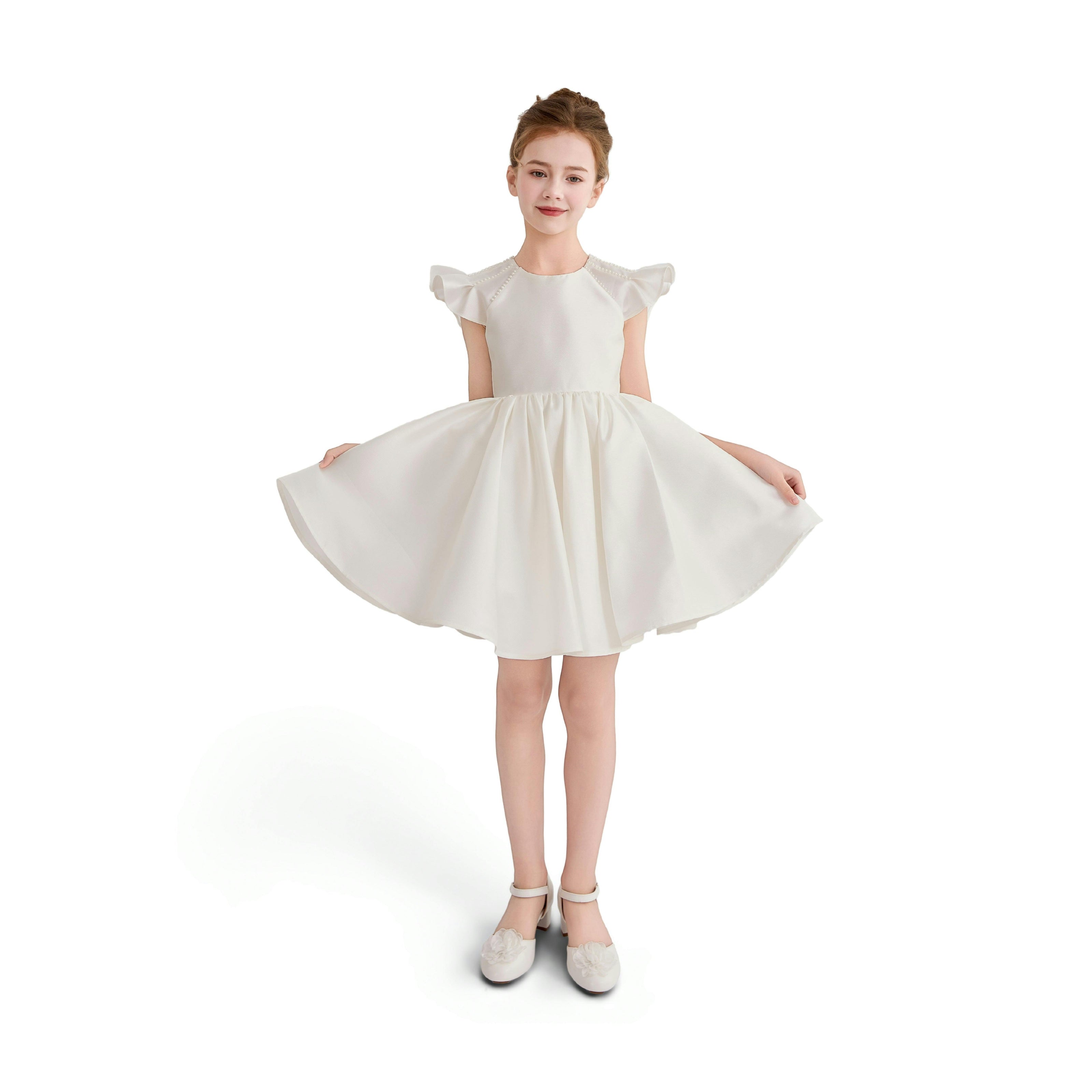 White Maravelle Satin Flutter-Sleeve Dress