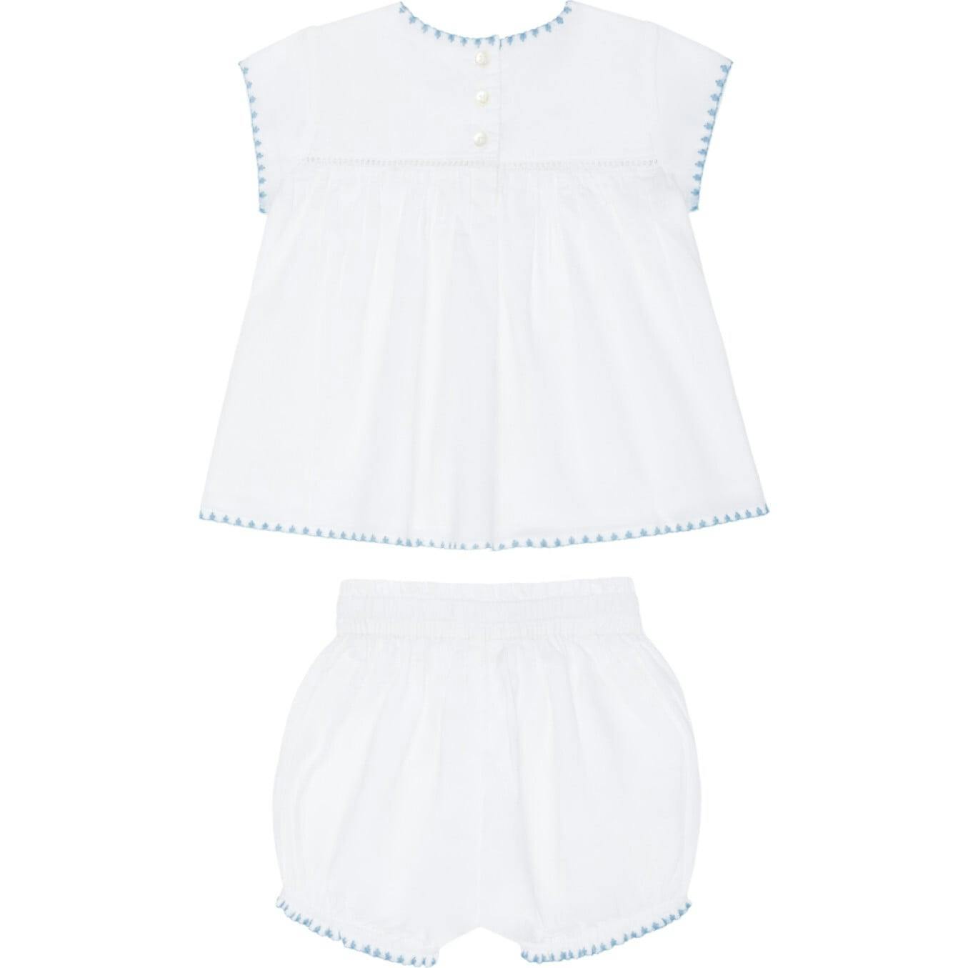 baby girls white embroidered top and bloomer set