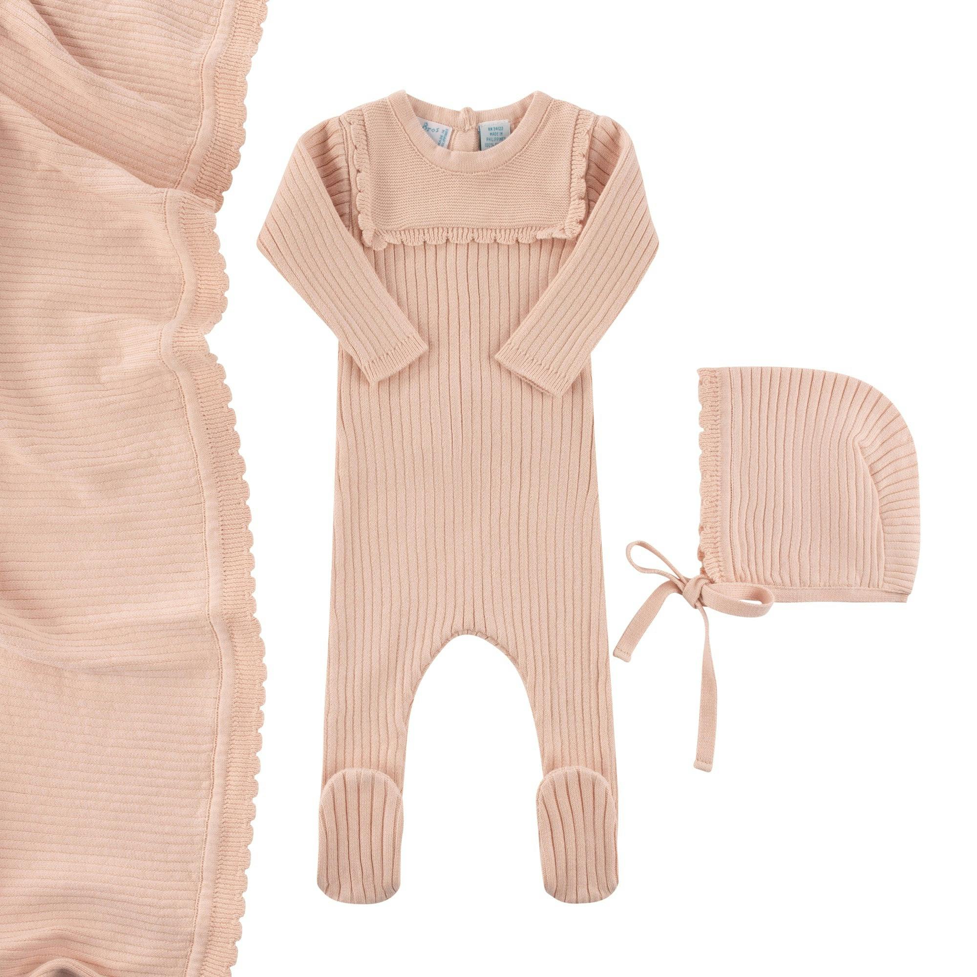 Scallop Trimmed Rib Knit Romper & Bonnet