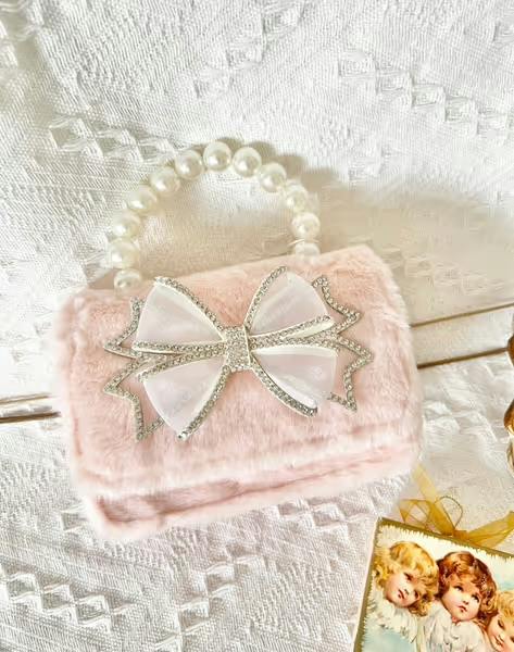 Fur Purse with Sparkle Big Bow - Pink
