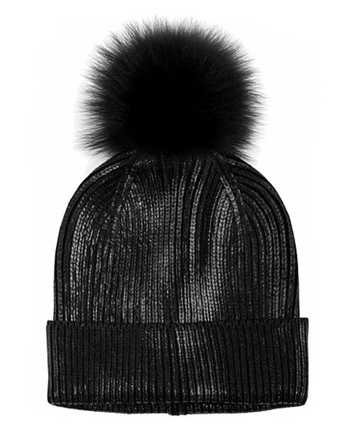 Metallic Stamp Hat With Faux Fur Pom