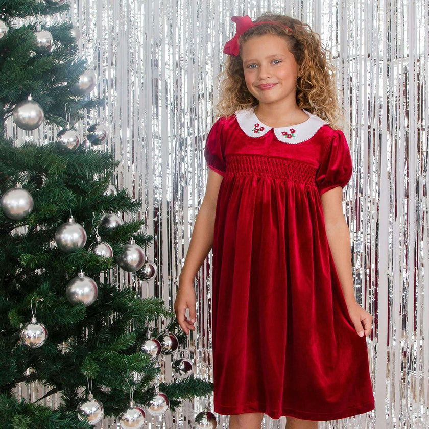 Little Princess Cherry Hand Smocked Velvet Baby Dress