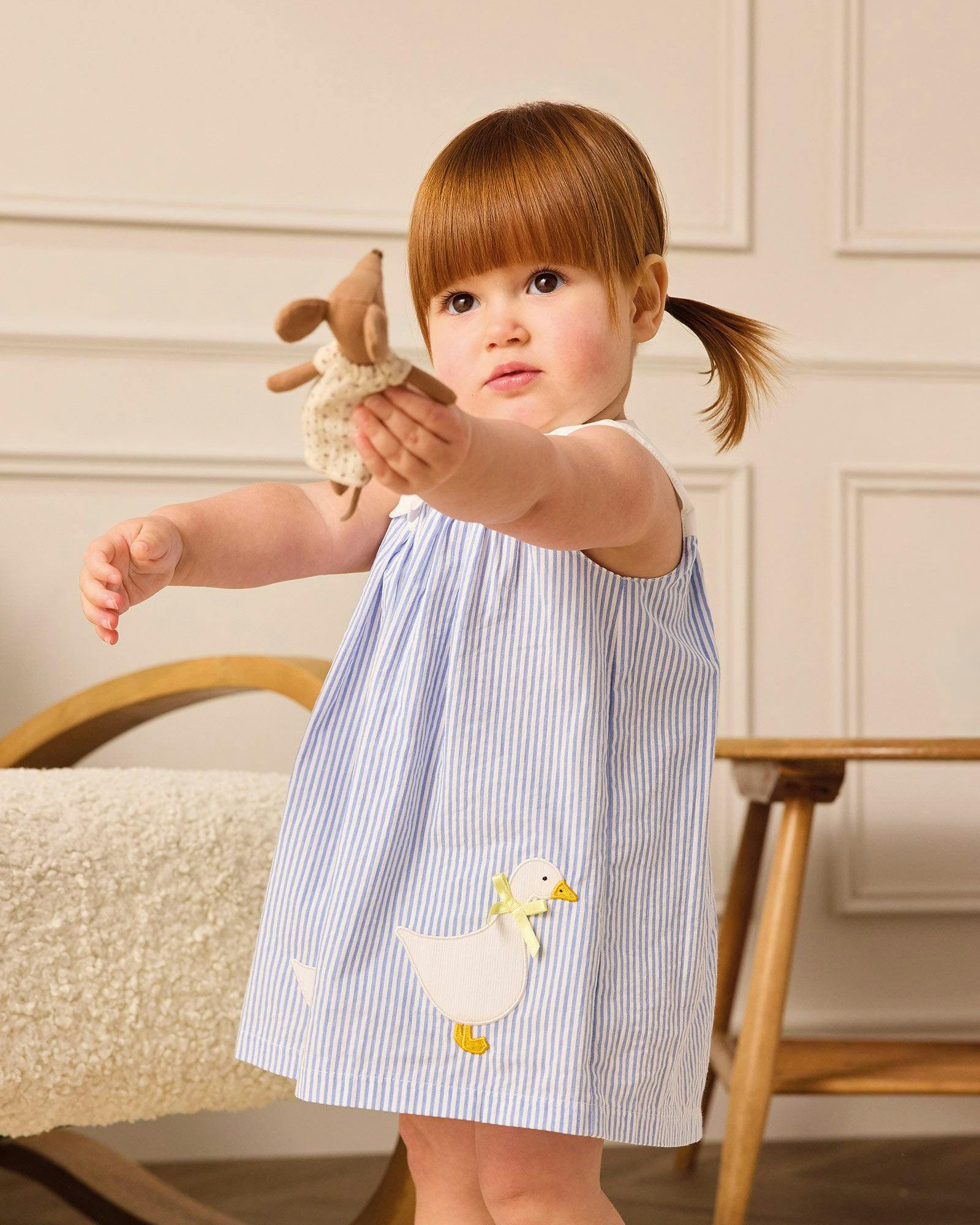 Baby Pinafore Duck Dress in Blue Stripe