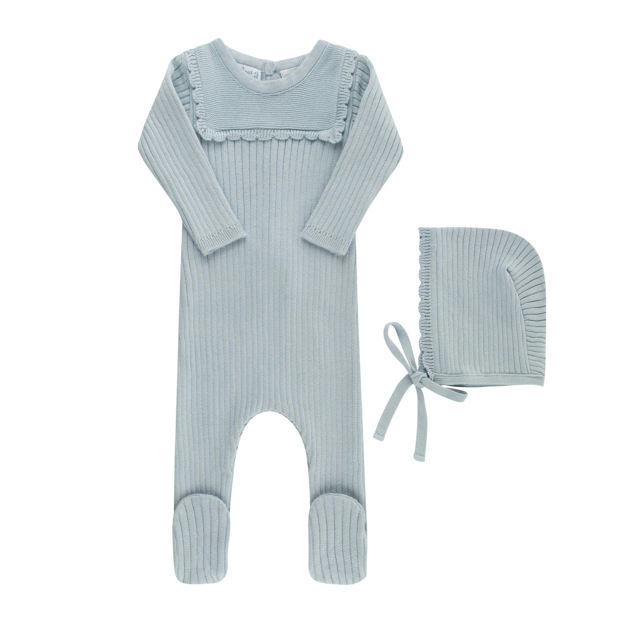 Scallop Trimmed Rib Knit Romper & Bonnet