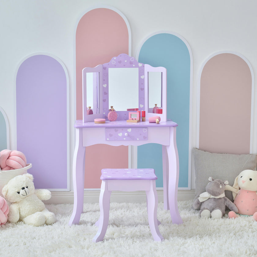 Hearts Gisele Wood Vanity with Tri-Fold Mirror & Drawer, Purple