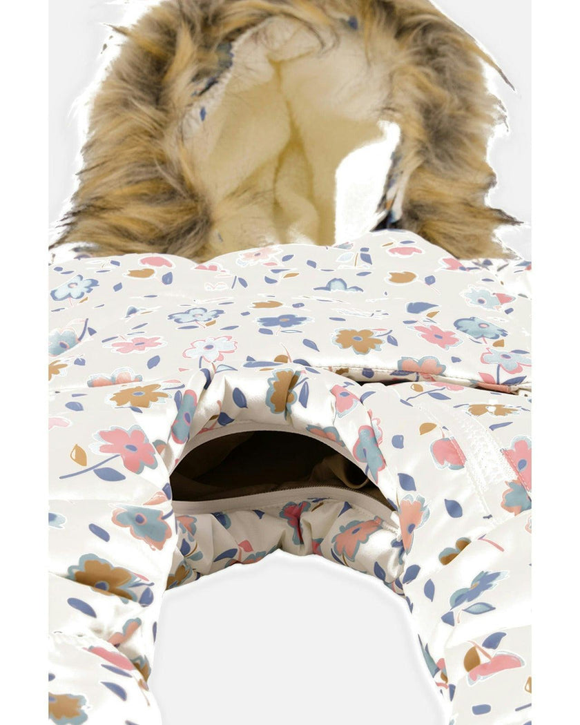 Baby Snug One Piece Snowsuit Adapted For Car Seats White With Floral Print