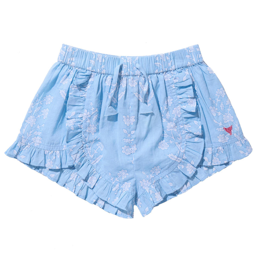Girls Millie Ruffle Short - Blue Dewdrop Block Print