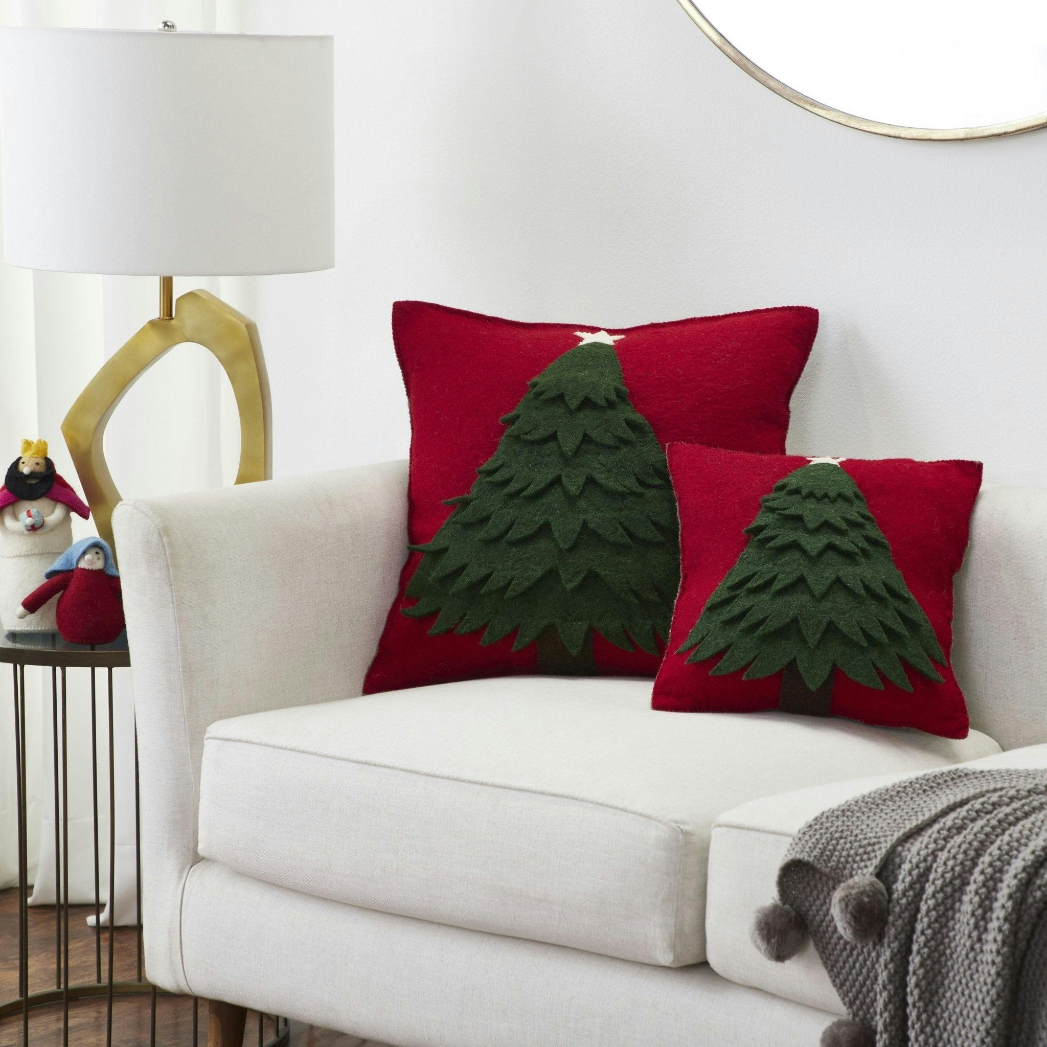 Handmade Christmas Pillow Hand Felted Wool - Tree Red - 20