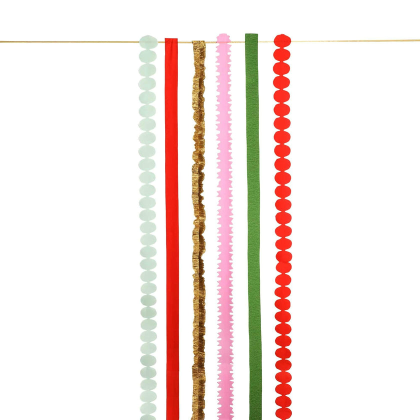 Packed Party Holiday Hues Crepe Paper Streamer Backdrop Kit - 6 Colors of 72-Inch Crepe Paper Rolls with 60-Inch Gold Satin Ribbon for Holiday Photo Walls