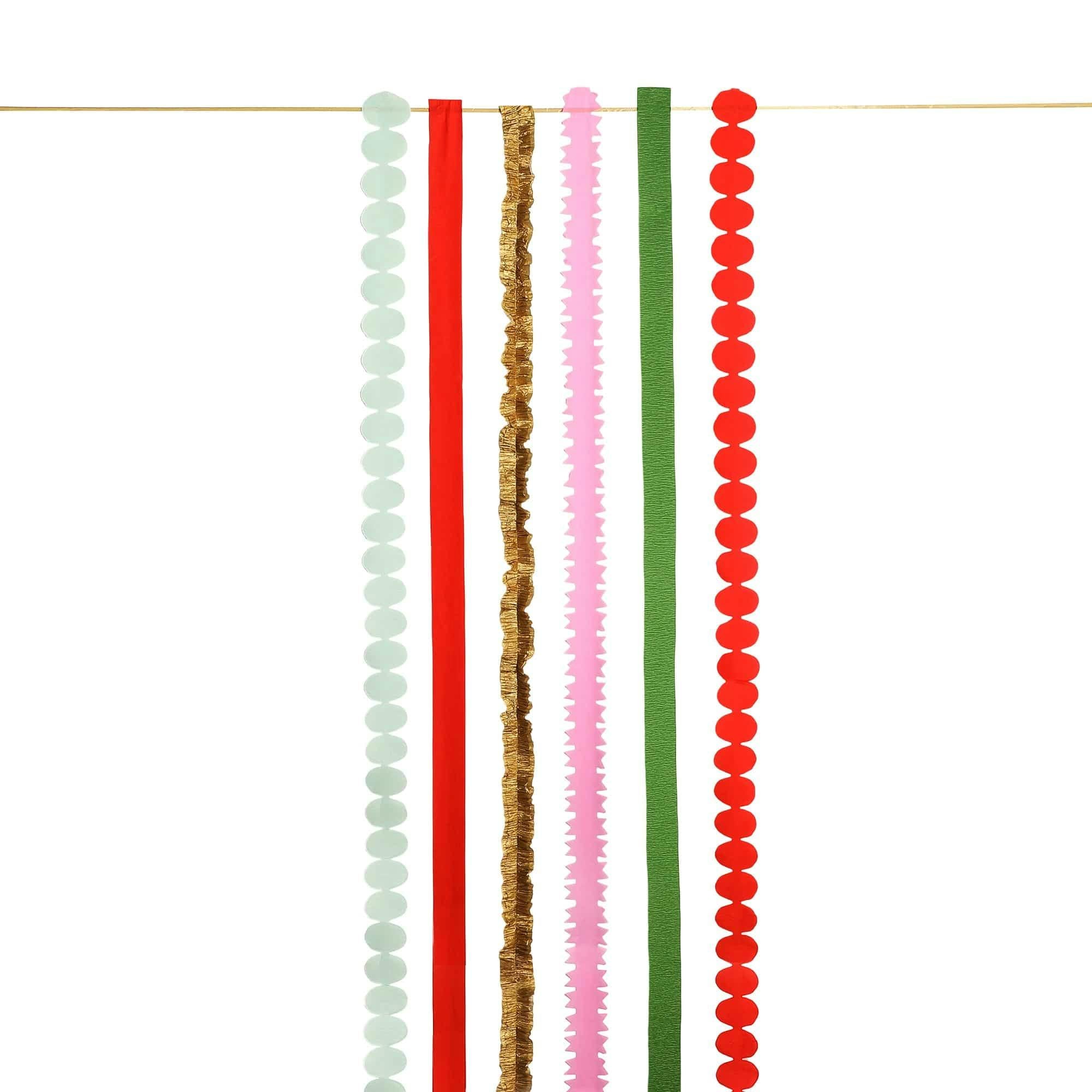 Packed Party Holiday Hues Crepe Paper Streamer Backdrop Kit - 6 Colors of 72-Inch Crepe Paper Rolls with 60-Inch Gold Satin Ribbon for Holiday Photo Walls