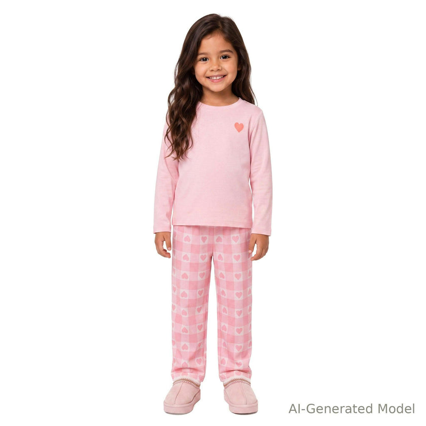 Girls Pajama Set | Heart Plaid - Pink