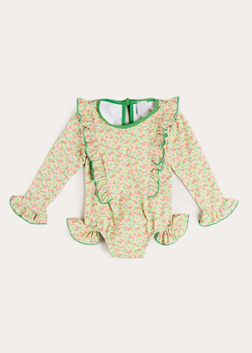 Annie Apple Print Ruffle Detail Long Sleeve Swimsuit in Green (12mths- 10yrs)