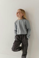 Girls Long Sleeve Shirring Tee in Grayish Blue
