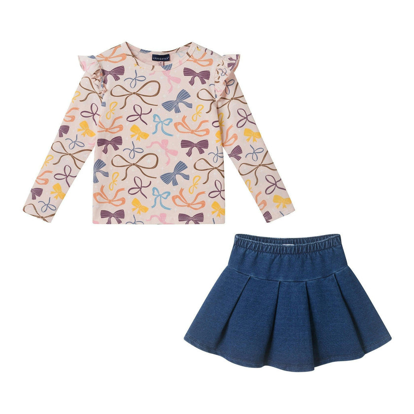Girls Bow Print Top & Pleated Denim Skirt Set | Multi Bows - Pink