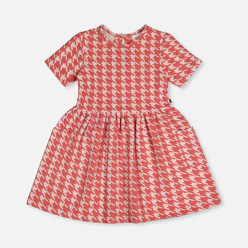 Short Sleeve Dress With Pockets Pink And White Houndstooth