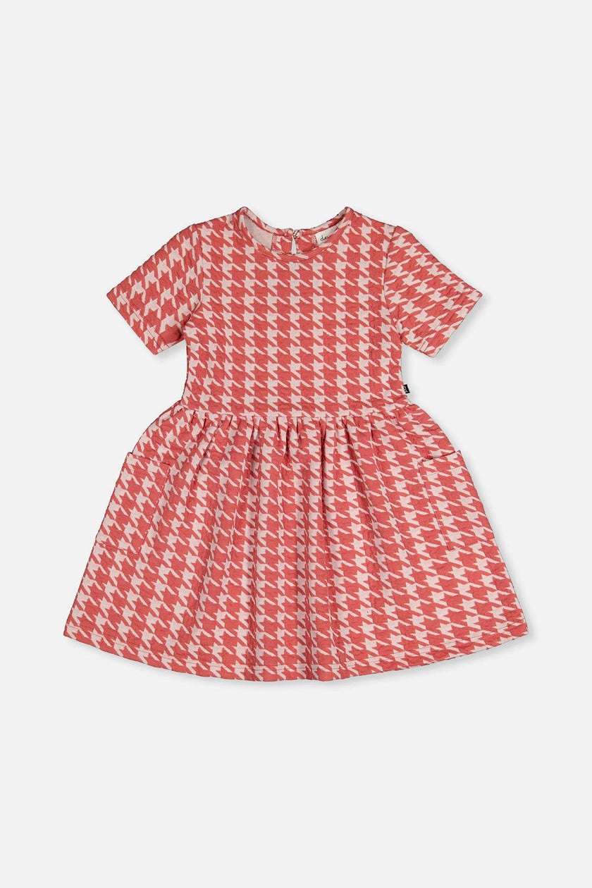 Short Sleeve Dress With Pockets Pink And White Houndstooth