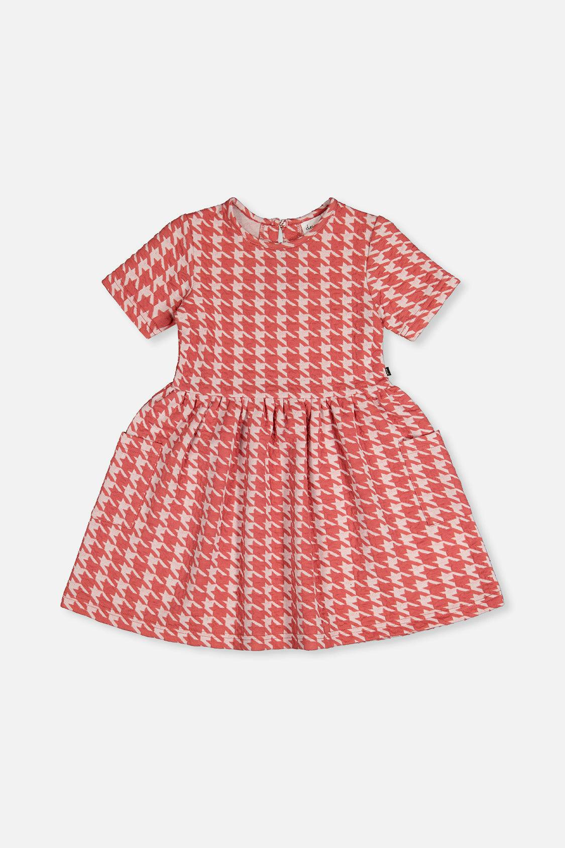 Short Sleeve Dress With Pockets Pink And White Houndstooth