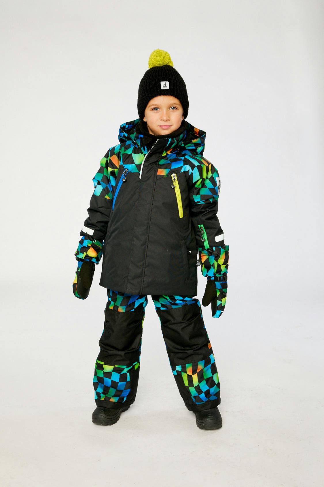 Two Piece Play Snowsuit Black Colorblock With Green Yellow And Blue Checkerboard Pants