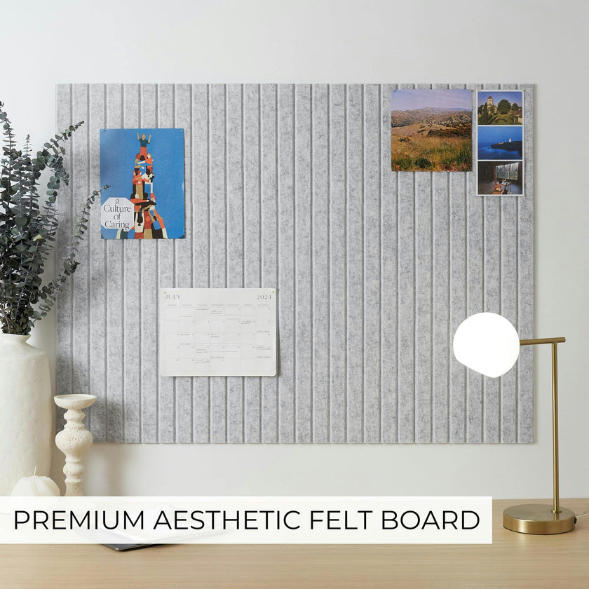 Large Felt Bulletin Board - Stylish 35" x 47" Cork Board Alternative for Office & Wall Decor - 12 Adhesive Tiles w/Golden Pins to Display Your Photos