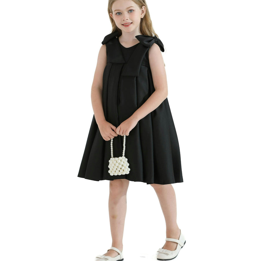 Black Palermo Satin Bow Pleated Dress