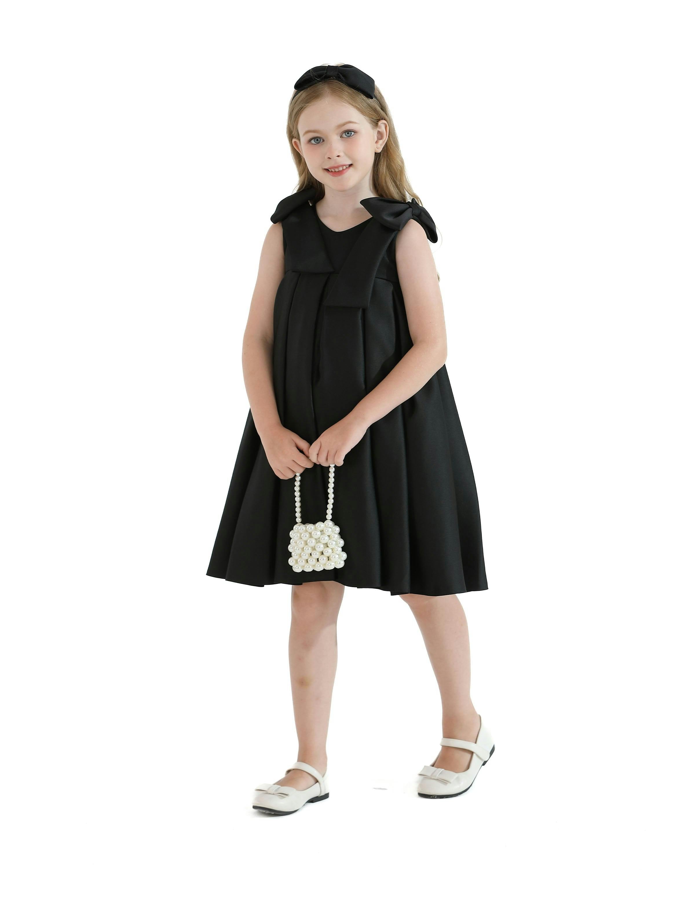 Black Palermo Satin Bow Pleated Dress