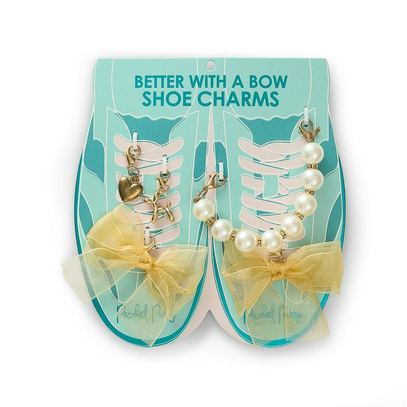 Packed Party Gold Bows and Pearls Shoe Charm Set 5pc - Gold Organza Bow, Heart, Balloon Dog, and Pearl Bead Charms with Lobster Clips for Sneakers