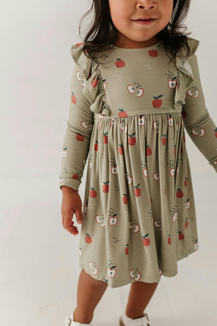 Girls Long Sleeve Ruffle Dress in Apple