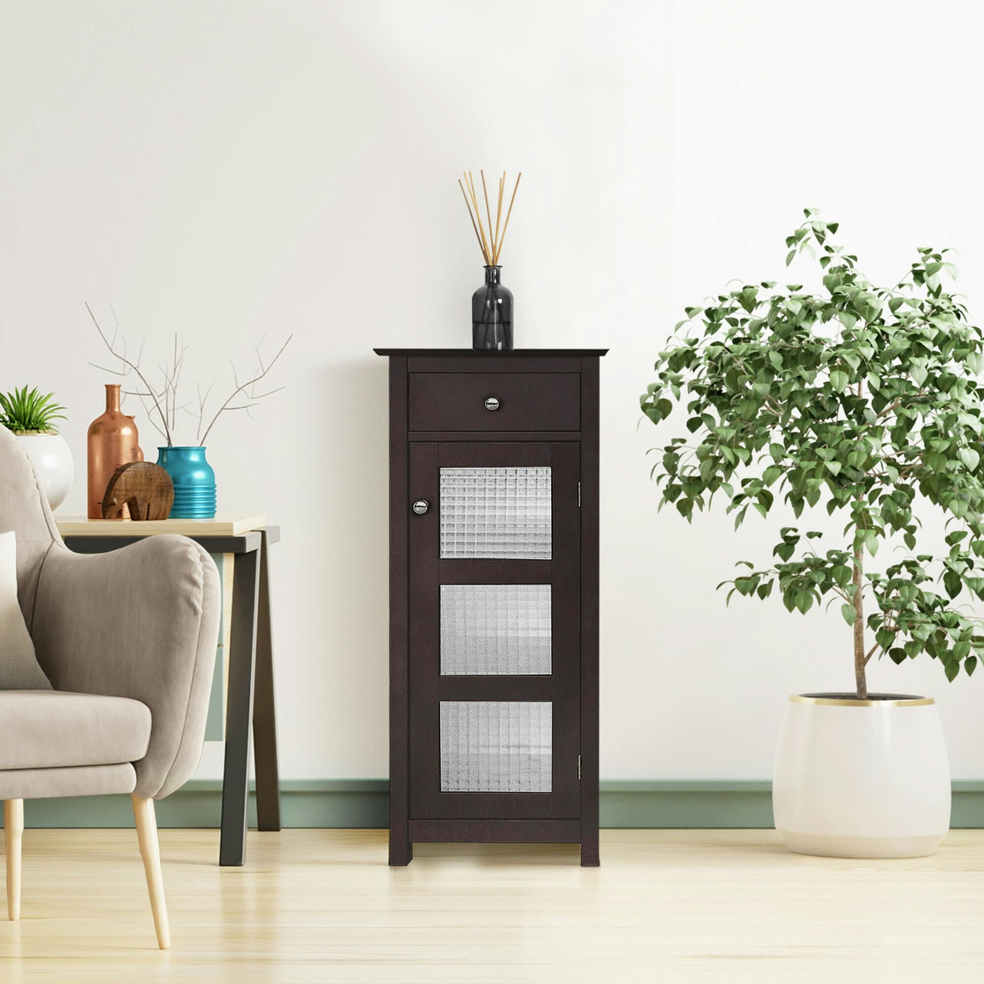 Chesterfield Wooden Floor Cabinet with Waffle Glass Door and Drawer