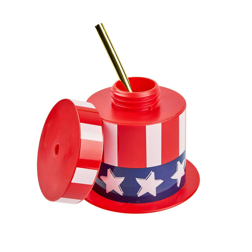 Packed Party Hats Off to the USA Patriotic Uncle Sam Top Hat Sippers - 14 oz Novelty 4th of July Cups with Gold Plastic Straws and Leak-Proof Lids