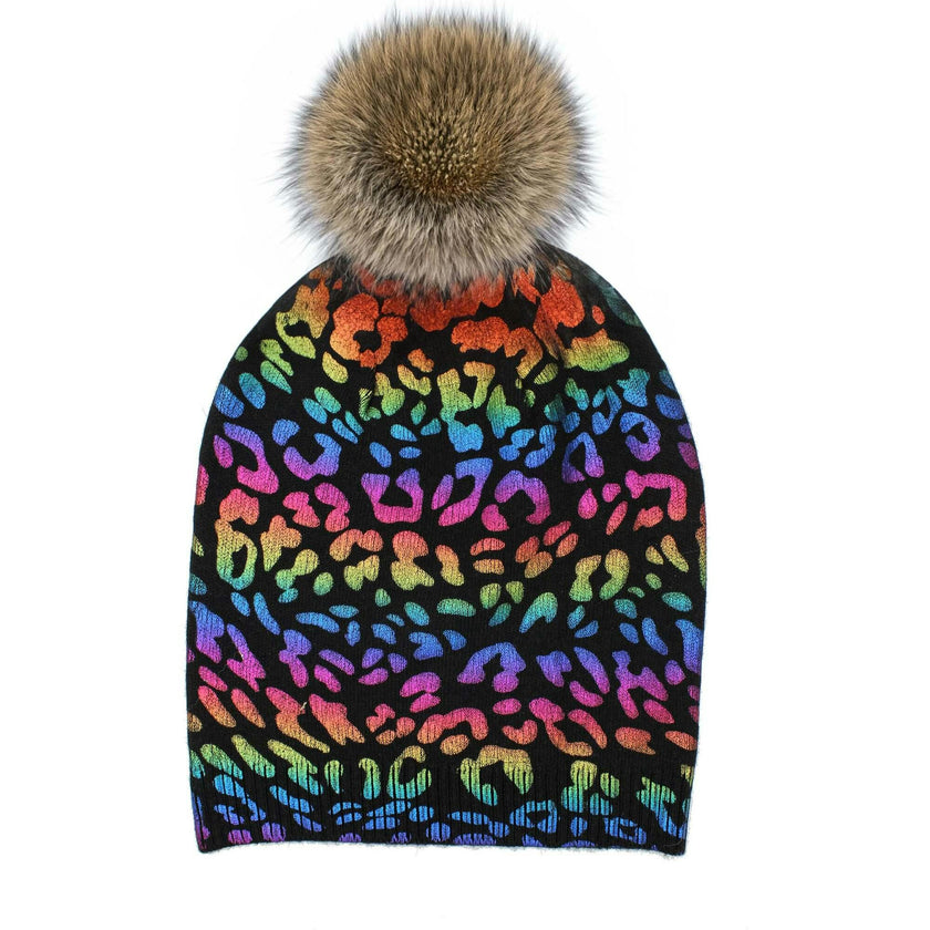 Leopard Print Wool Faux Fur Pom Pom Beanie