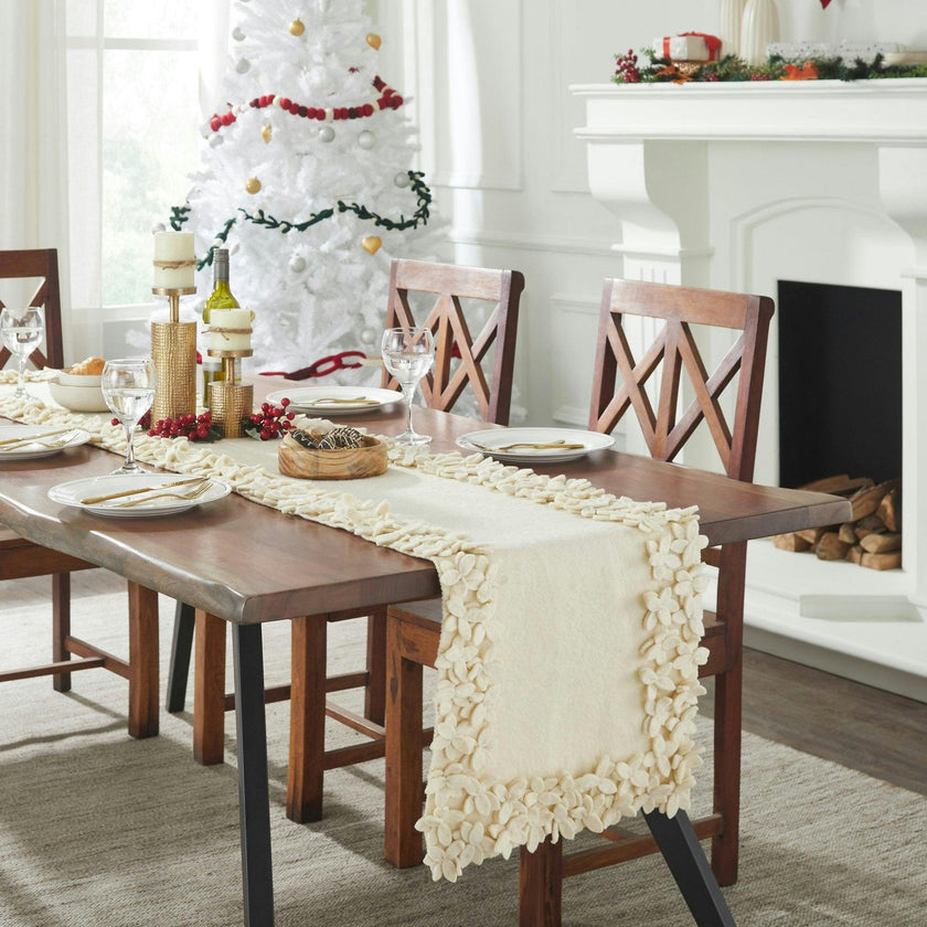 Hand Felted Wool Floral Border Table Runner Cream, 16" x 90"