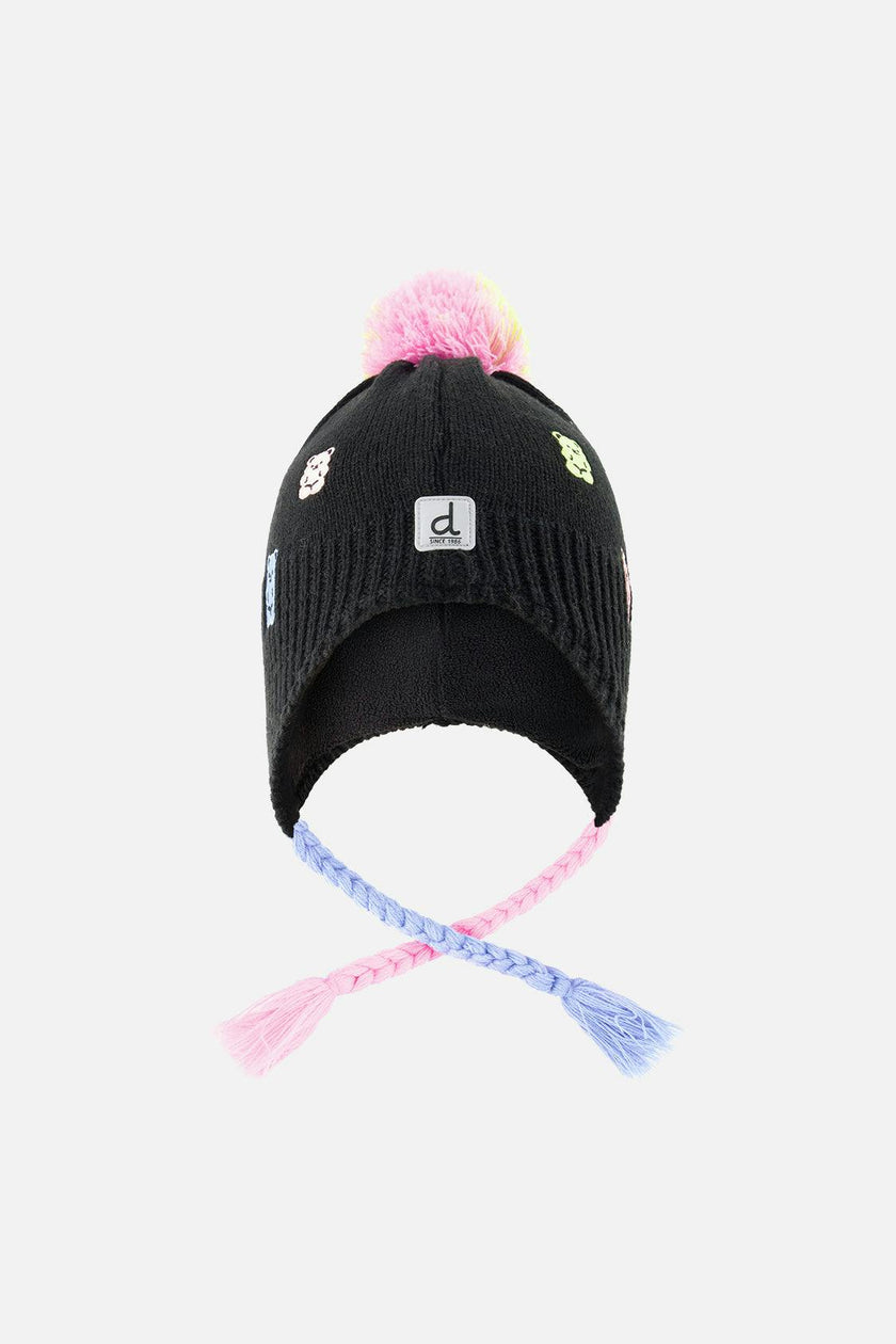 Winter Peruvian Knit Hat With Pompom Black, Pink, Blue And Green