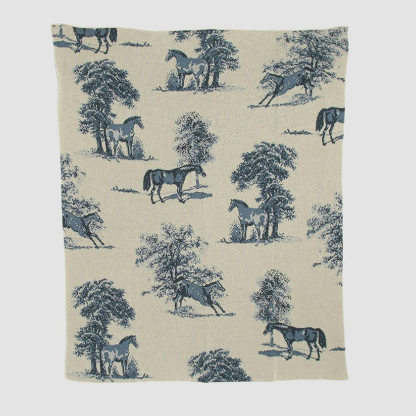 Cotton Sustainable Knit Throw Blanket - Equestrian Toile