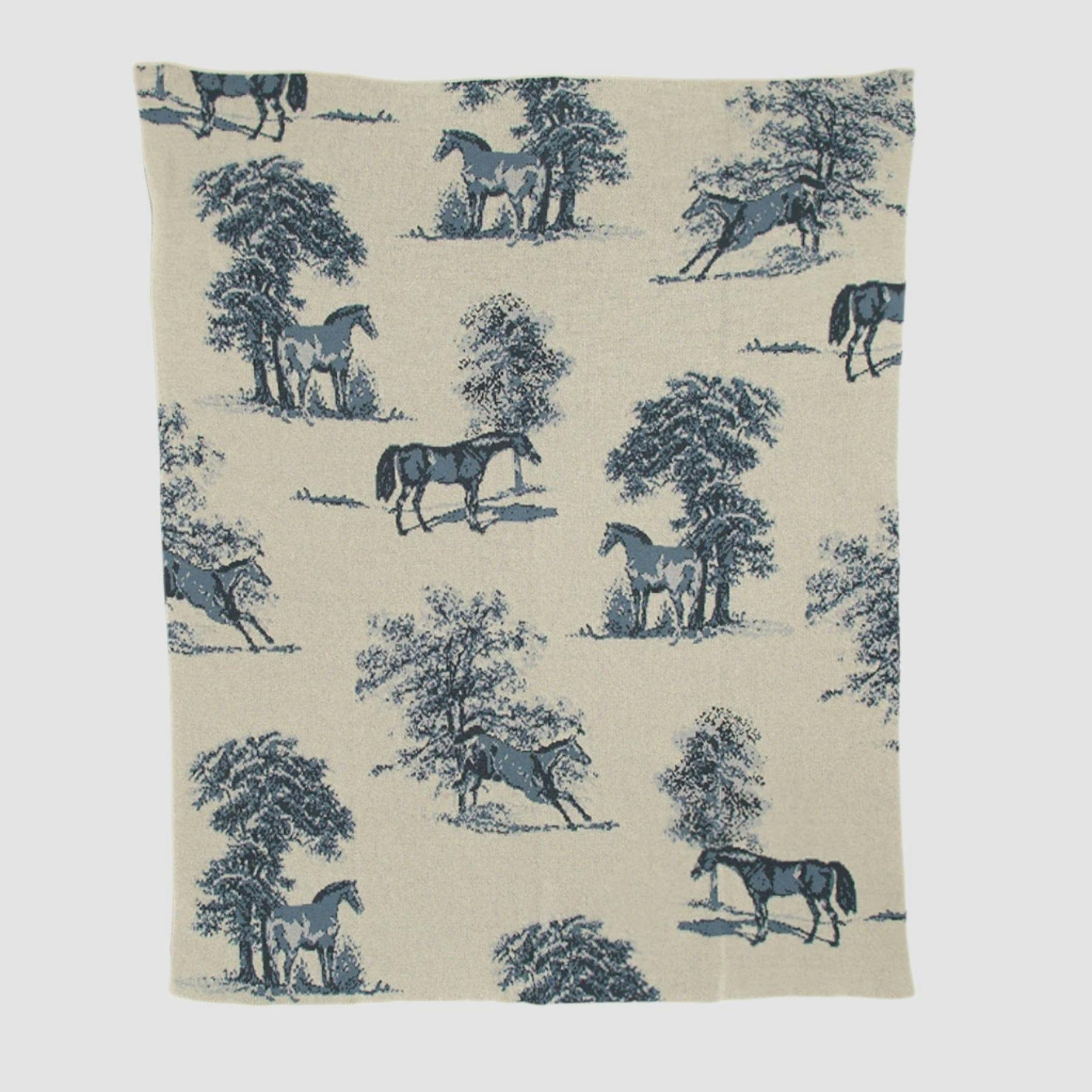 Cotton Sustainable Knit Throw Blanket - Equestrian Toile