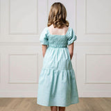 Linen Smocked Short Bubble Sleeve Dress, Blue